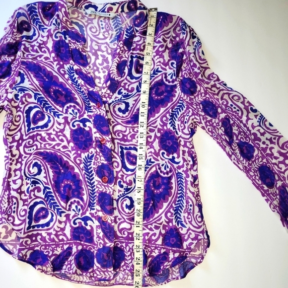 Zara Vibrant Purple Paisley Boho Long Sleeve V Neck Blouse with Beaded Sleeves - Picture 5 of 12
